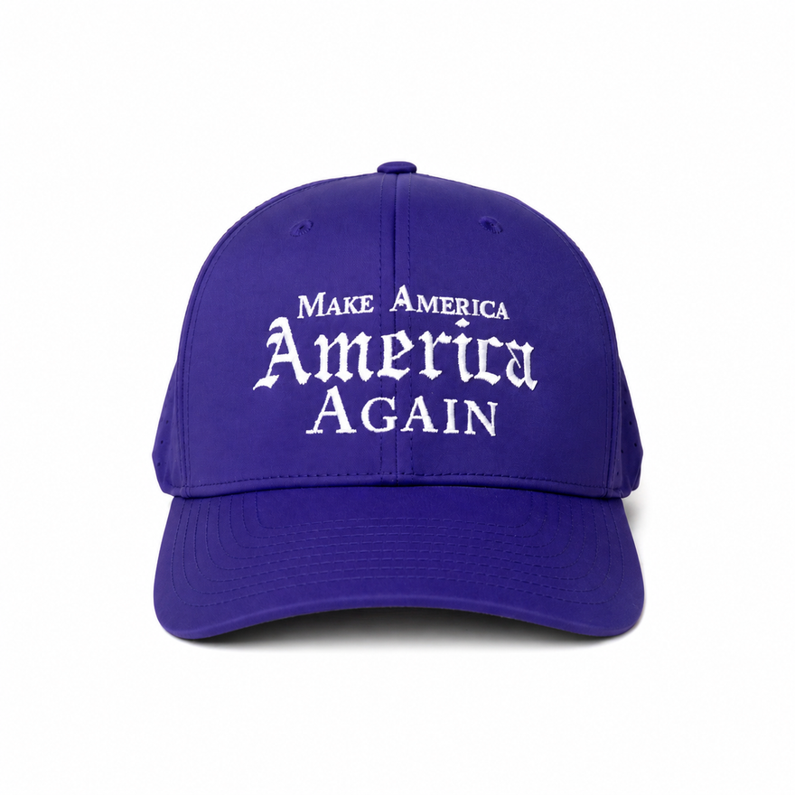 The Old English Snapback — a purple MAAA hat with white lettering